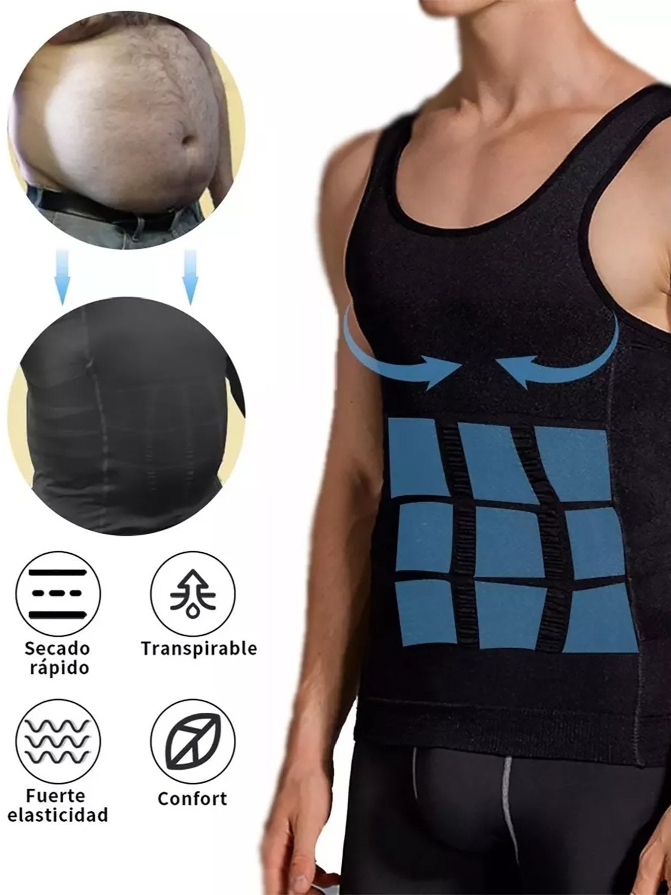 Camiseta reductora para hombre, de compresión para corregir la postura y controlar el abdomen