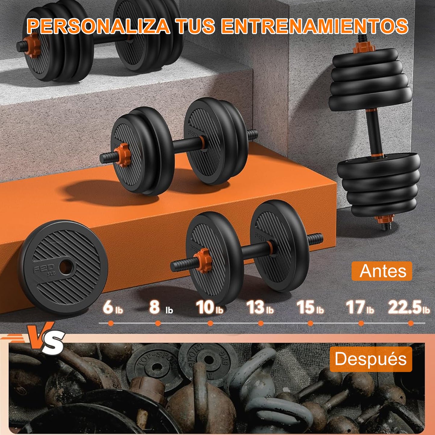 Juego de mancuernas y pesas ajustables, kit de ejercicios multiusos 6 en 1