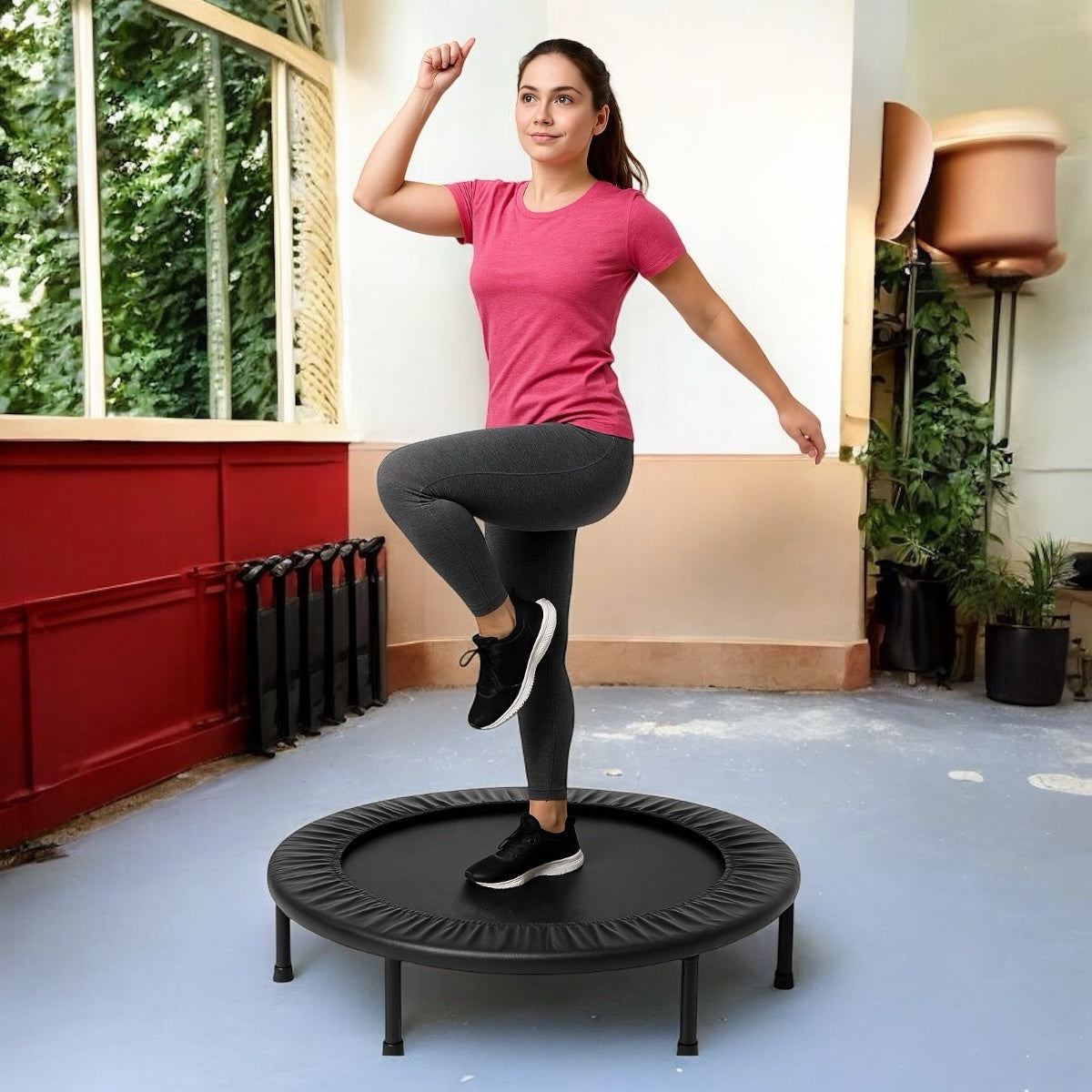 Trampolín de ejercicio compacto y ligero para uso doméstico con 24 resortes
