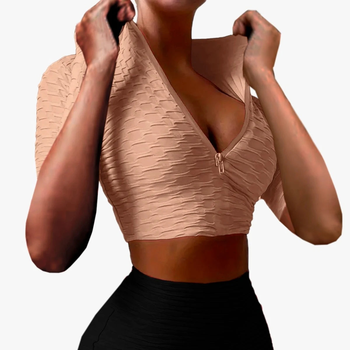 Short-sleeved sports top with adjustable closure and honeycomb texture