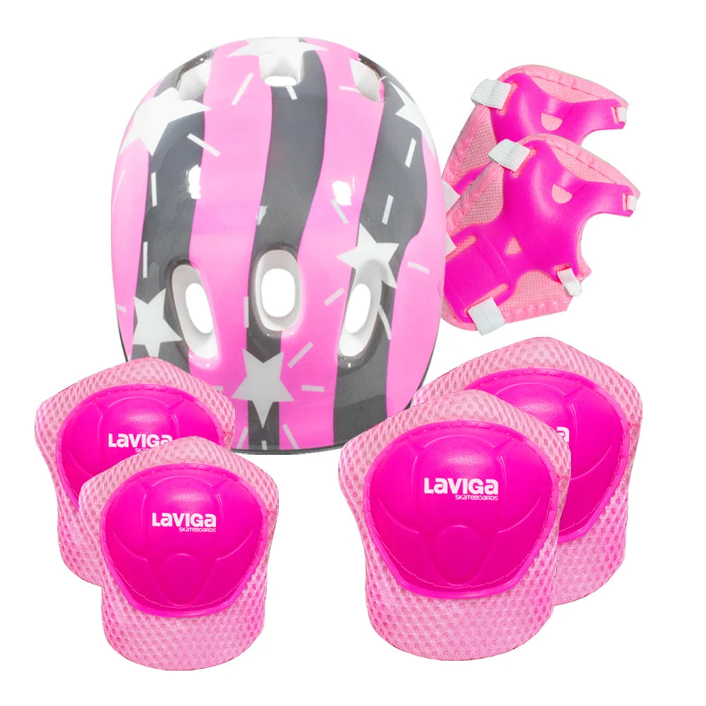 Children's protective kit: helmet, knee pads, wrist guards and elbow pads.