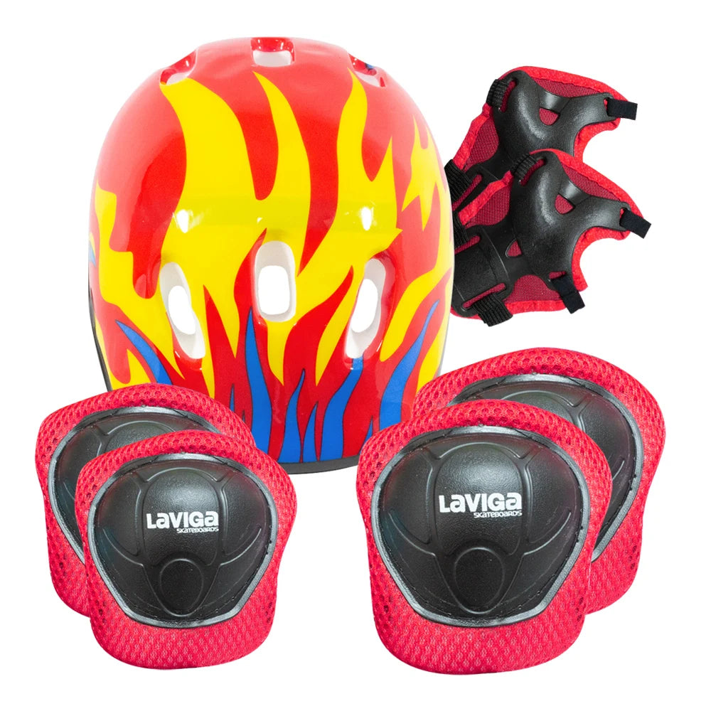 Children's protective kit: helmet, knee pads, wrist guards and elbow pads.