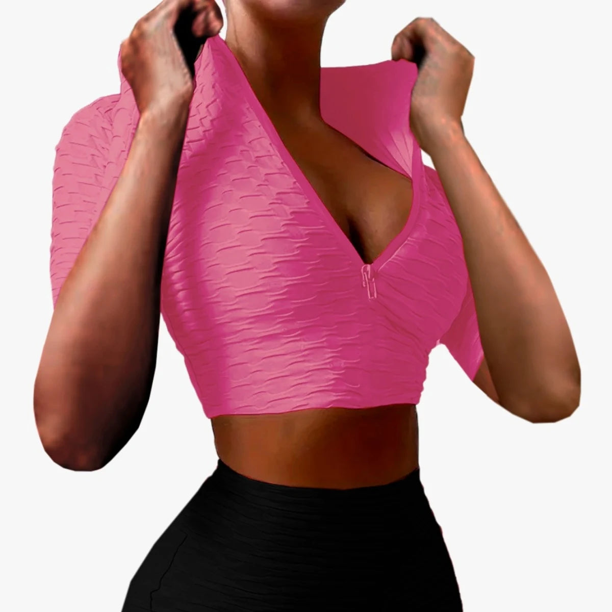 Short-sleeved sports top with adjustable closure and honeycomb texture