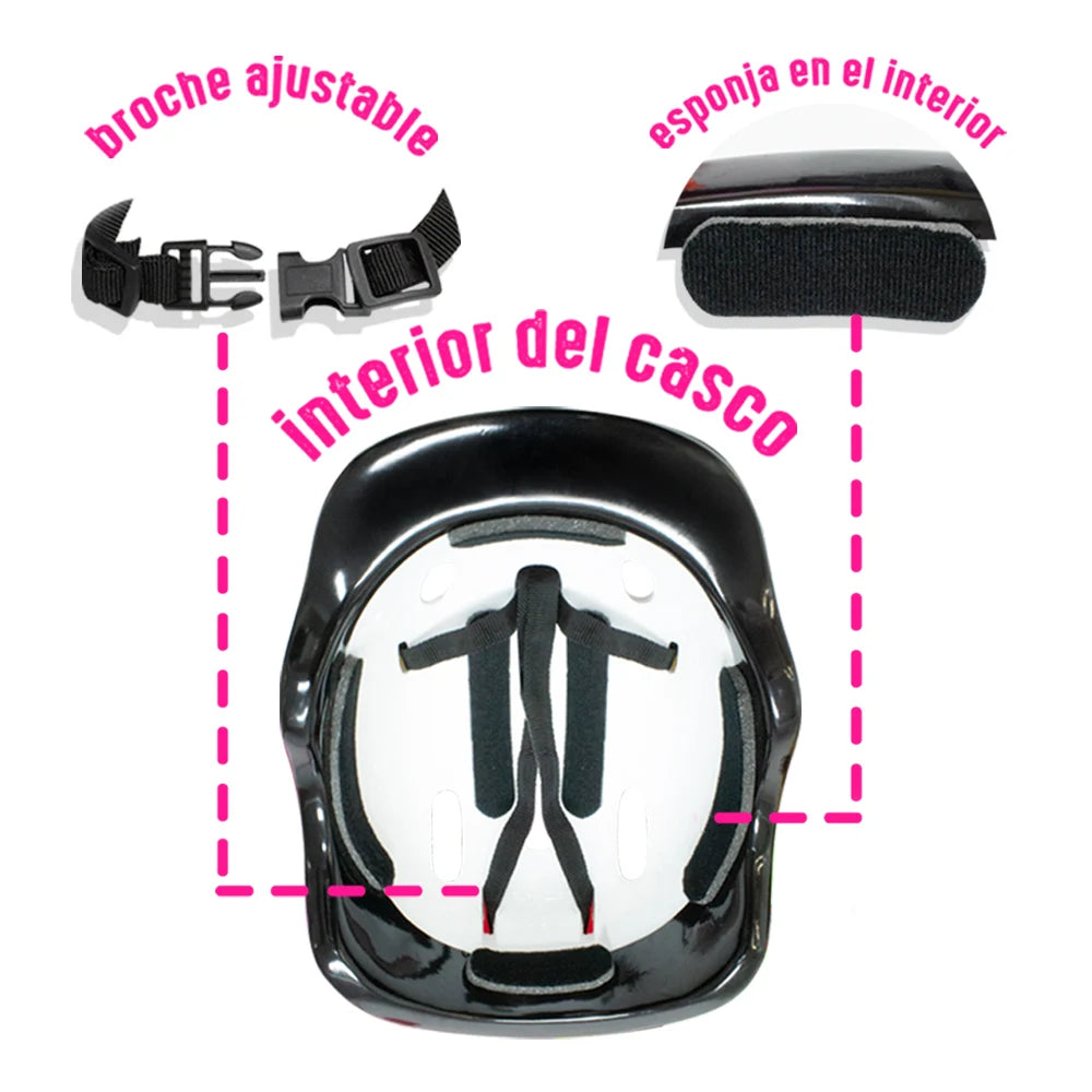Children's protective kit: helmet, knee pads, wrist guards and elbow pads.