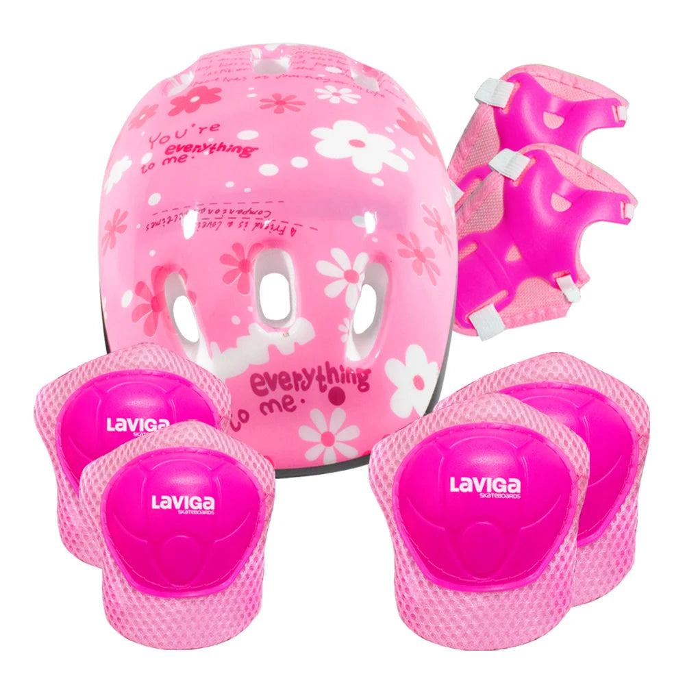 Children's protective kit: helmet, knee pads, wrist guards and elbow pads.