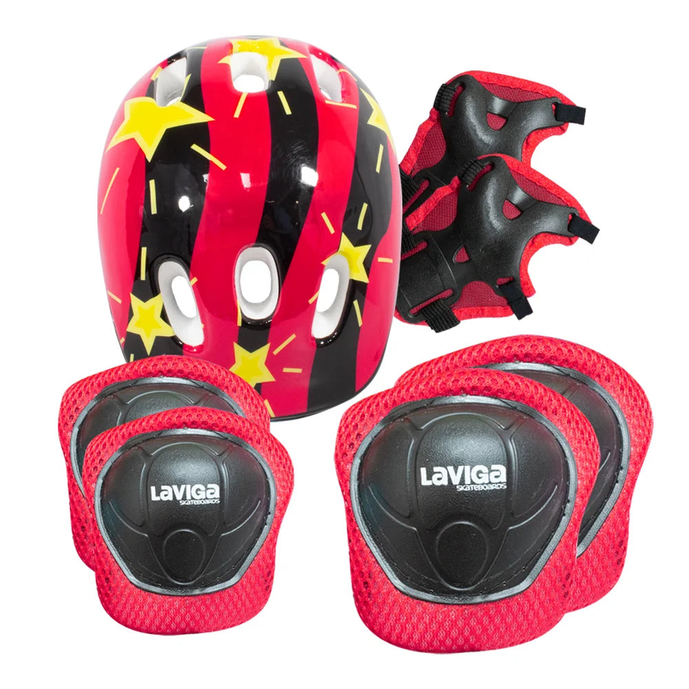 Children's protective kit: helmet, knee pads, wrist guards and elbow pads.