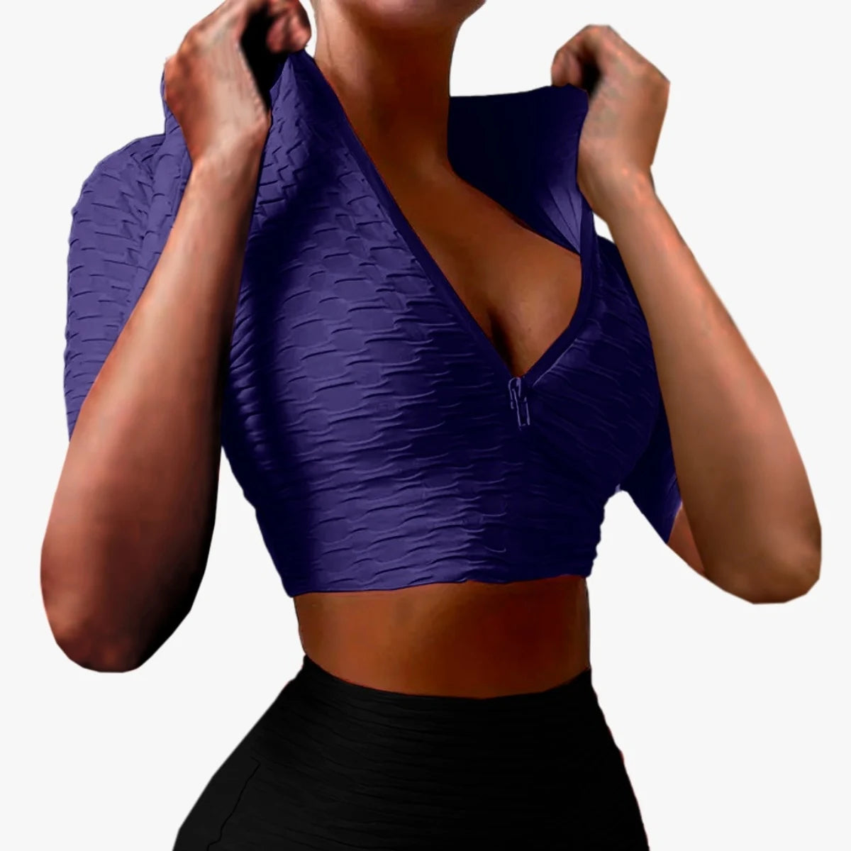 Short-sleeved sports top with adjustable closure and honeycomb texture