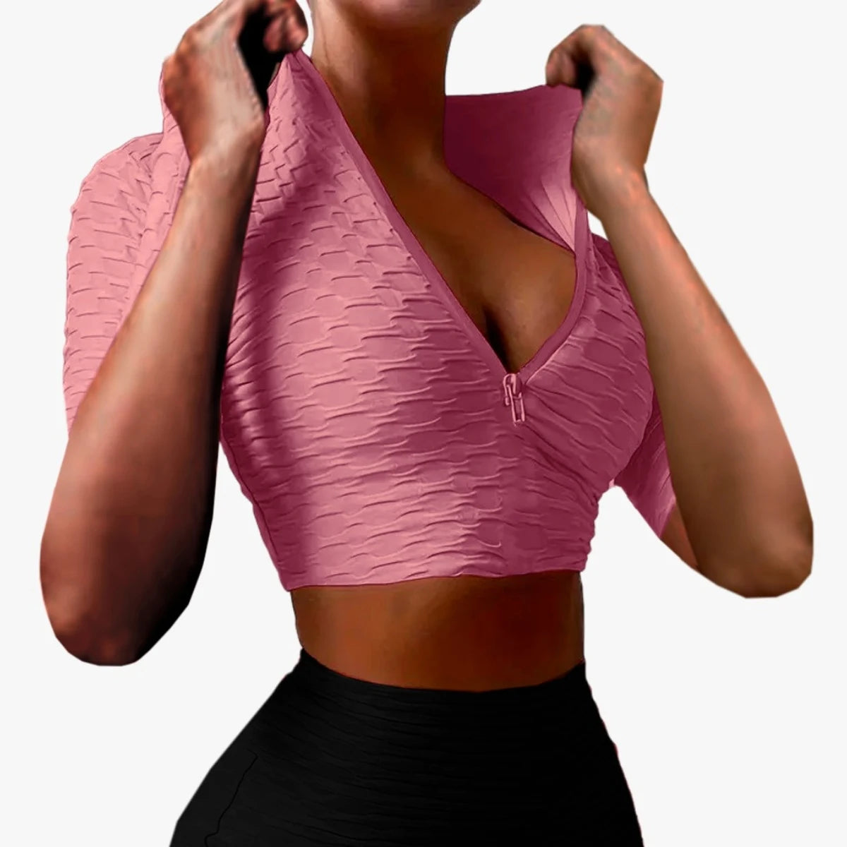 Short-sleeved sports top with adjustable closure and honeycomb texture