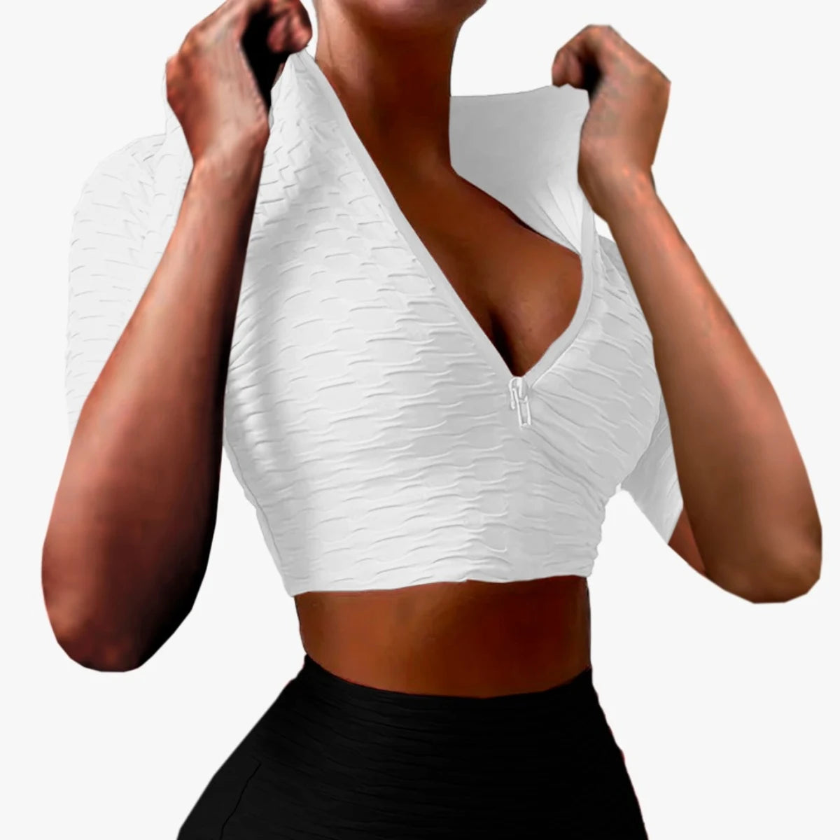 Short-sleeved sports top with adjustable closure and honeycomb texture