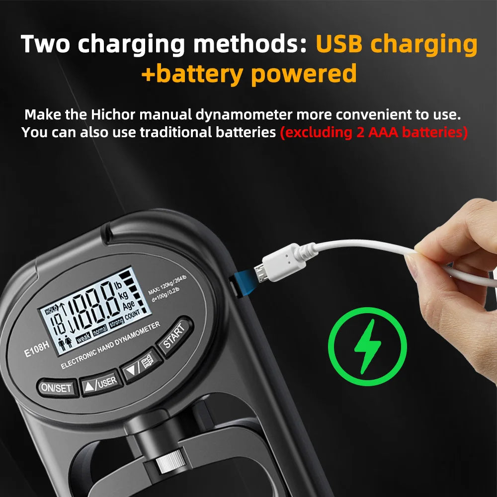 Dinamómetro digital de mano de 265 libras, entrenador de fuerza con empuñaduras, medidor electrónico, medidor, pantalla LCD USB