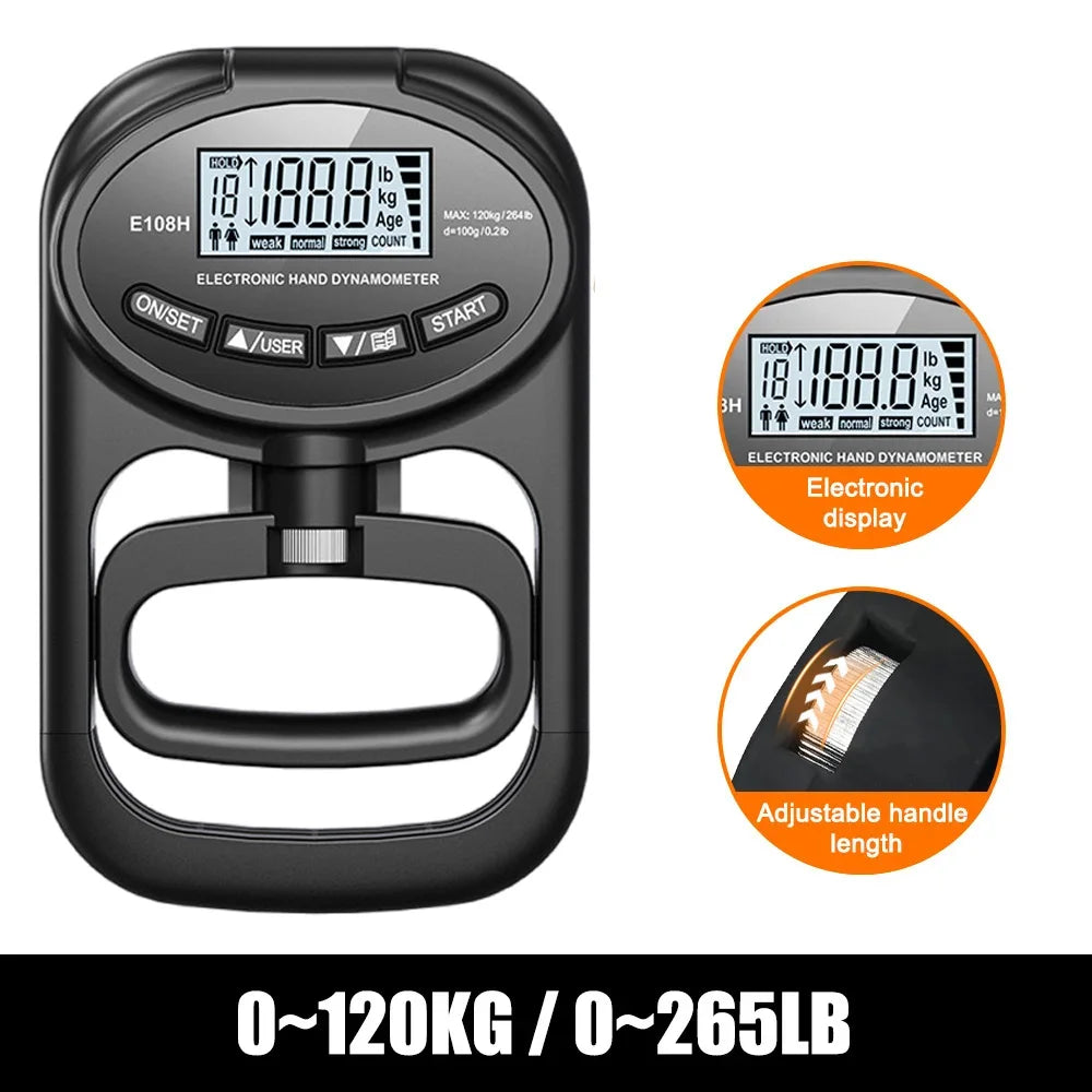 Dinamómetro digital de mano de 265 libras, entrenador de fuerza con empuñaduras, medidor electrónico, medidor, pantalla LCD USB
