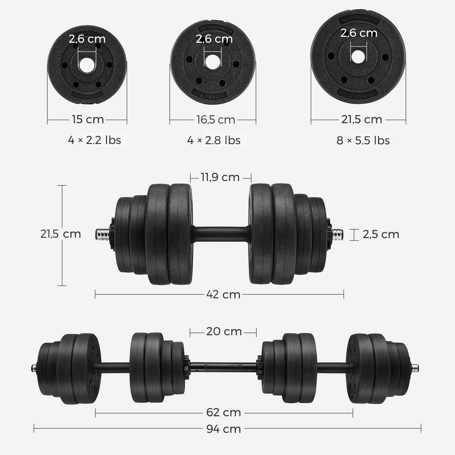 Juego de mancuernas ajustables con barra adicional 30 kg