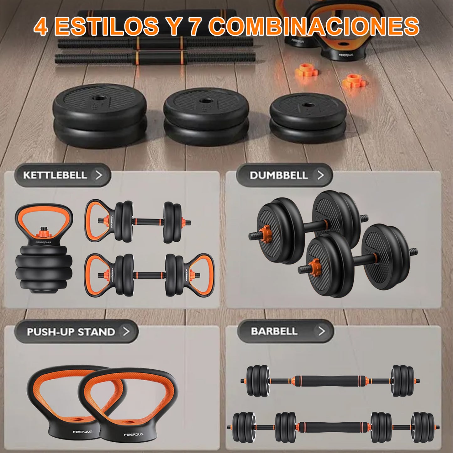 Juego de mancuernas y pesas ajustables, kit de ejercicios multiusos 6 en 1