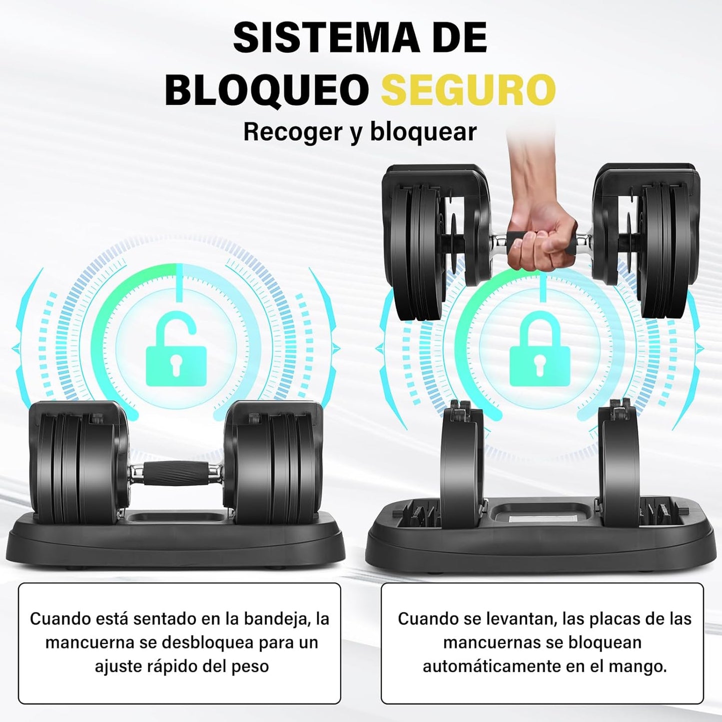 Mancuernas ajustables de 2,5 a 13,6 kg, con mango giratorio, antideslizantes y ajuste rápido