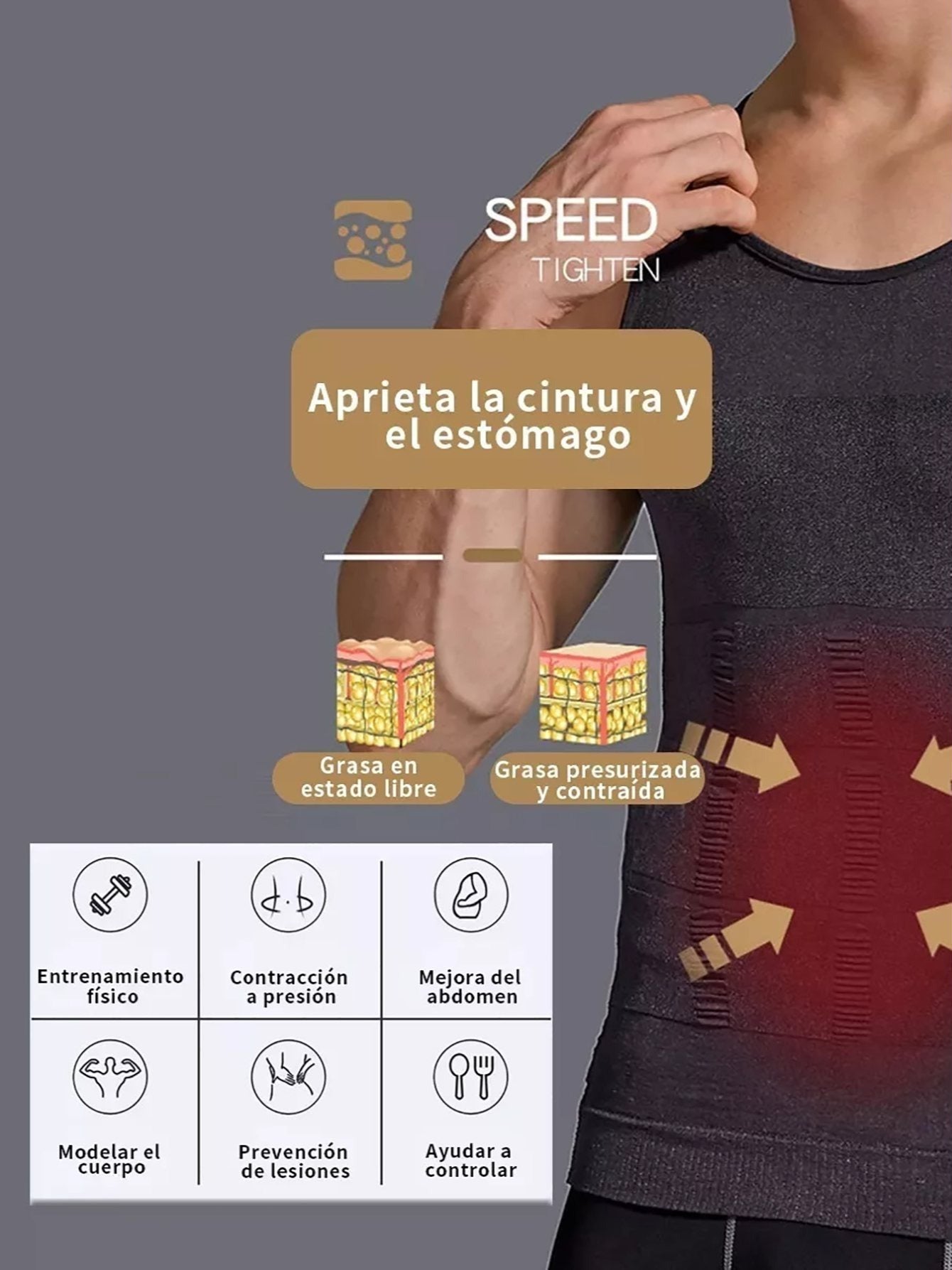 Camiseta reductora para hombre, de compresión para corregir la postura y controlar el abdomen