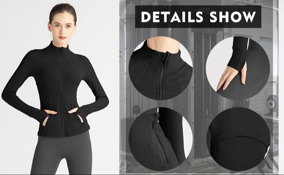 Chaqueta deportiva para mujer, cuello alto ajustable con aberturas para los pulgares