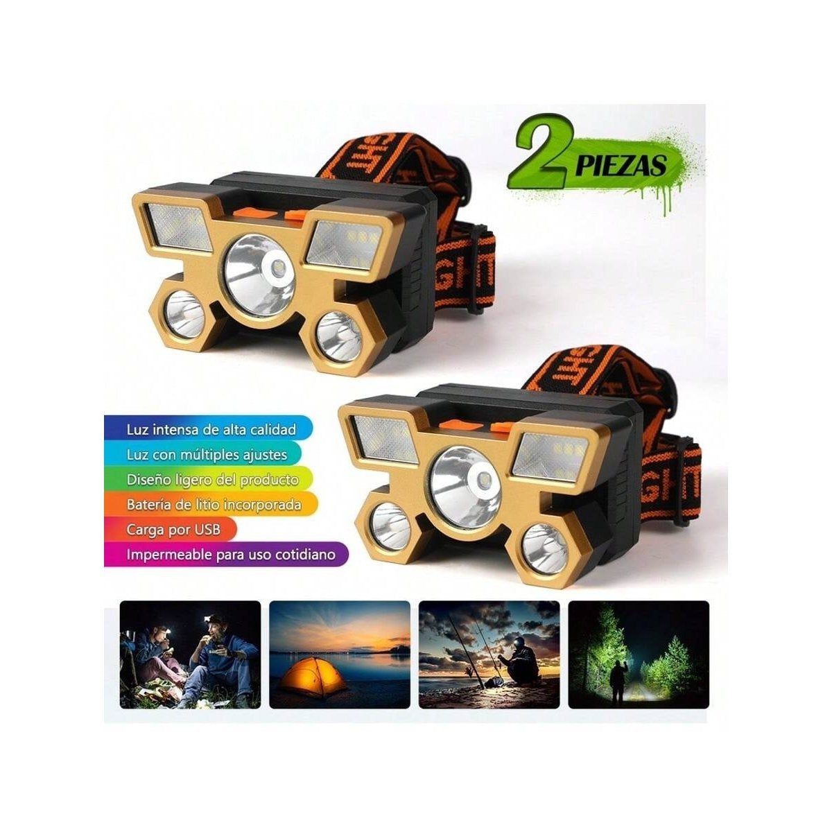 Linterna frontal LED de 5 luces, potente, con carga USB, ideal para deportes al aire libre
