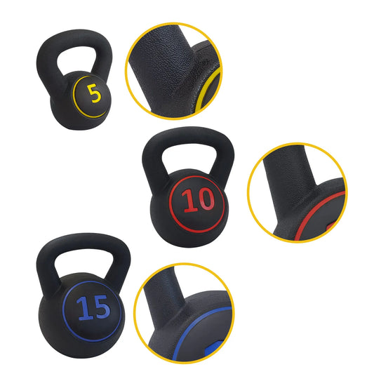 3-piece kettlebells, 5, 10, and 15 lb