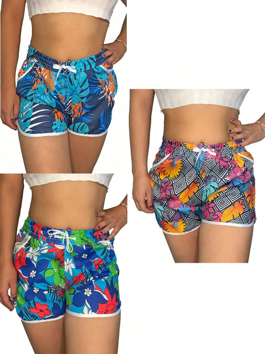 Set of 3 women's sports shorts with floral and tropical designs