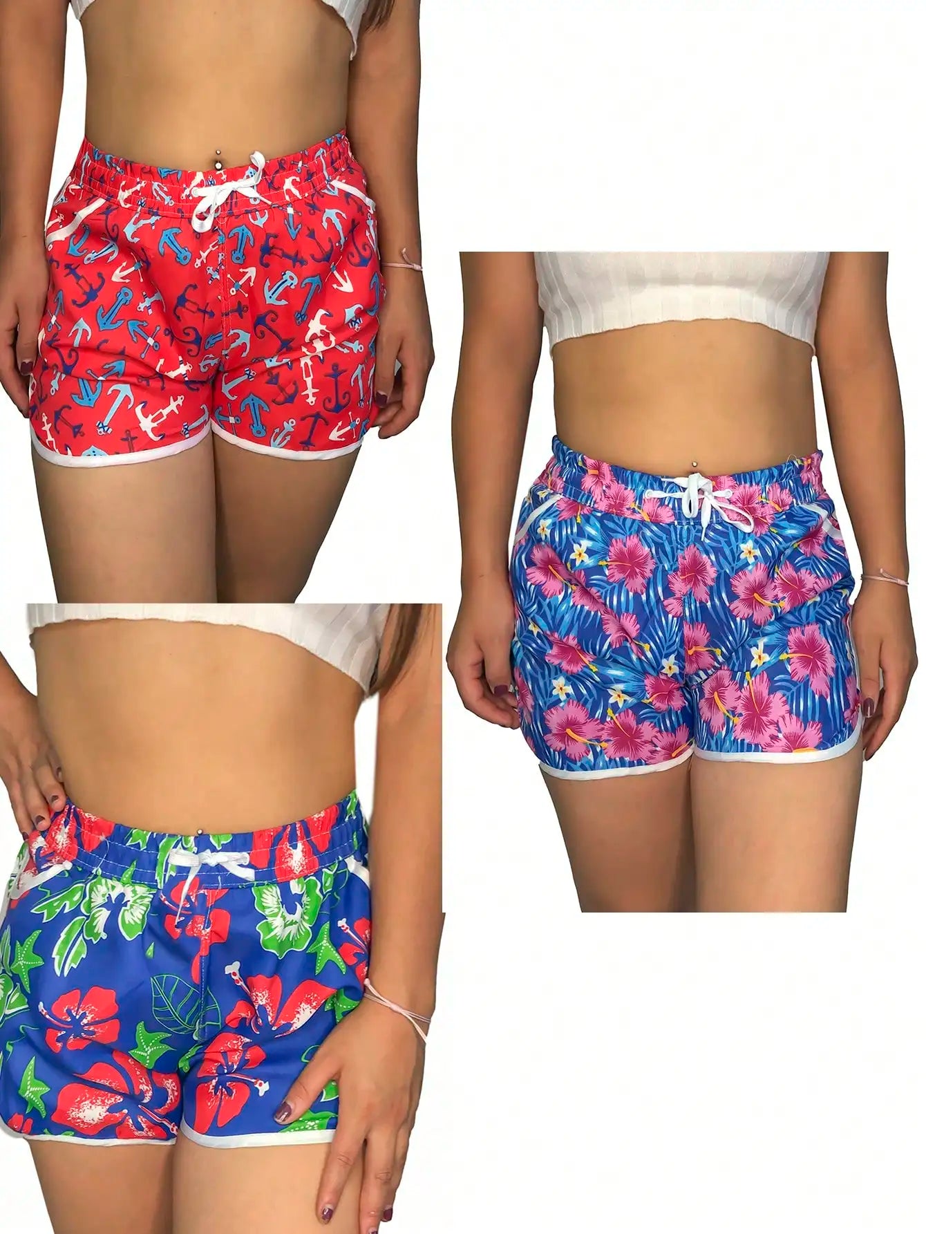 Set of 3 women's sports shorts with floral and tropical designs