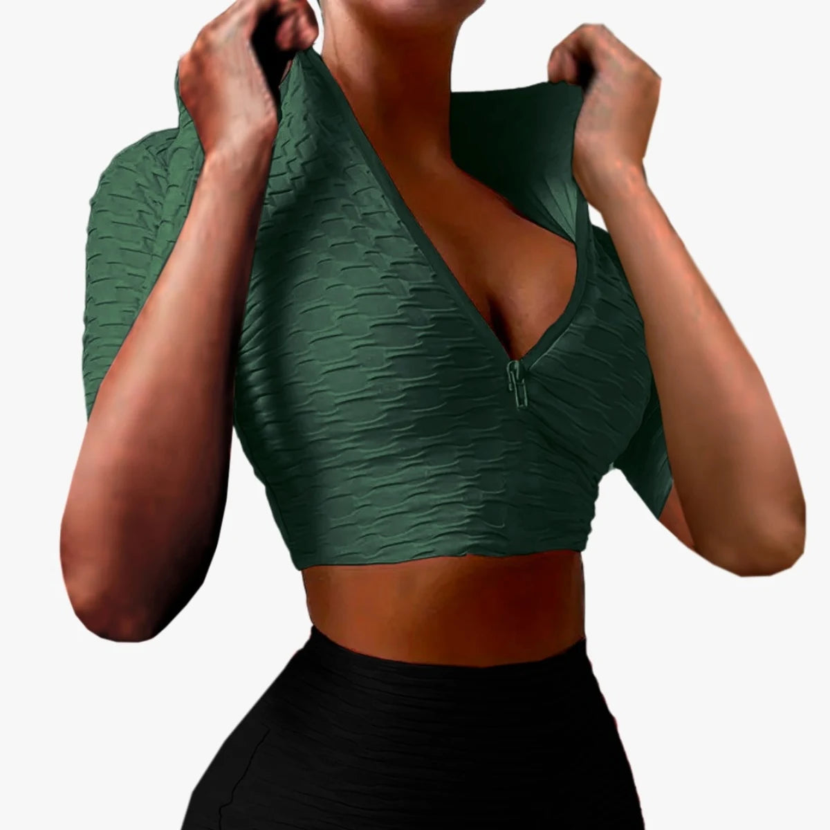 Short-sleeved sports top with adjustable closure and honeycomb texture