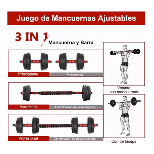 3 en 1 Pesas con mancuernas y barra recta ajustable de 15kg