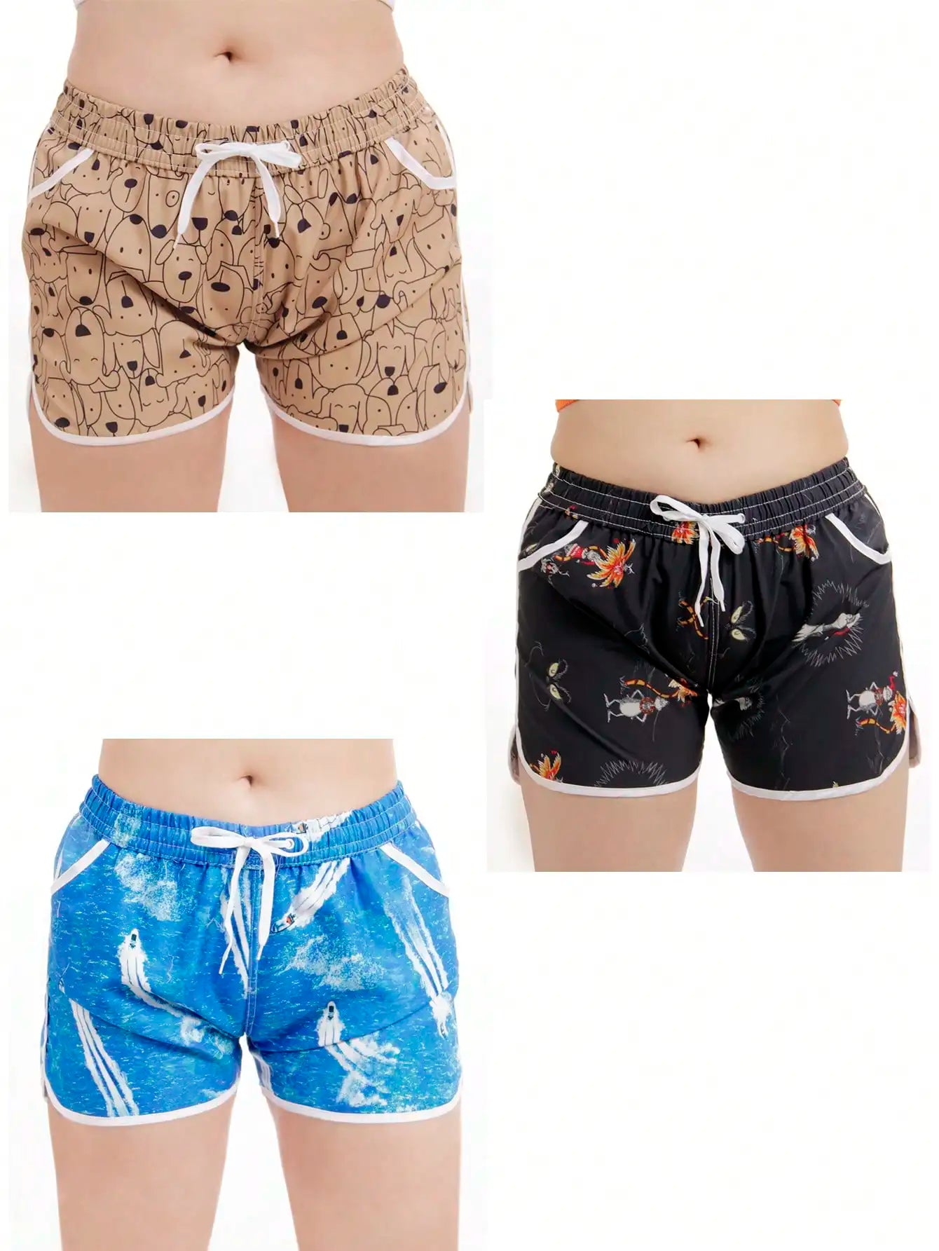 Pack of 3 short sports shorts for women with vibrant and unique prints
