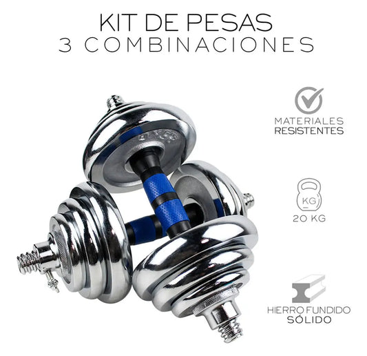 Adjustable dumbbell set with barbell and 20kg weight plates 