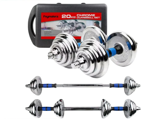 Adjustable dumbbell set with barbell and 20kg weight plates 