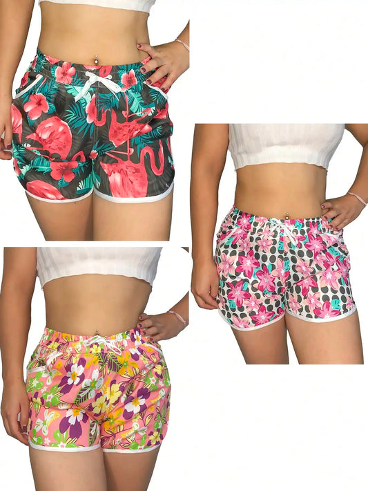 Set of 3 women's sports shorts with floral and tropical designs
