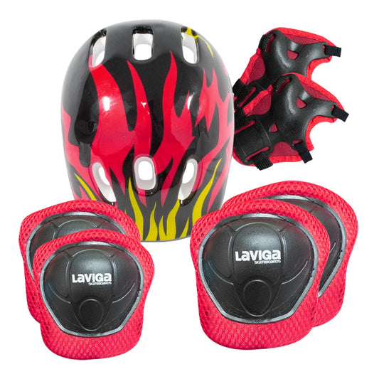 Children's protective kit: helmet, knee pads, wrist guards and elbow pads.