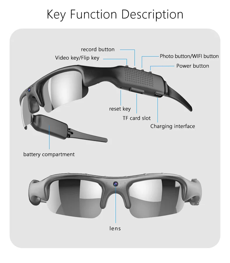 Gafas inteligentes con canara de video HD 1080P con aplicación WIFI, para deportes al aire libre
