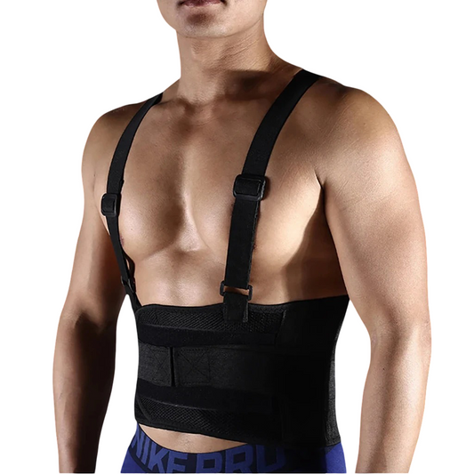 Lumbar support belt with shoulder straps