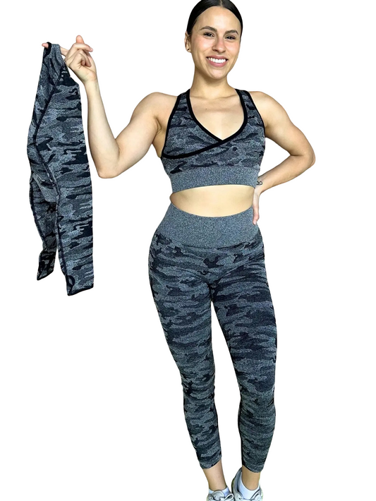 3-piece Camouflage Sports Set: Leggings, Sports Top, and T-shirt