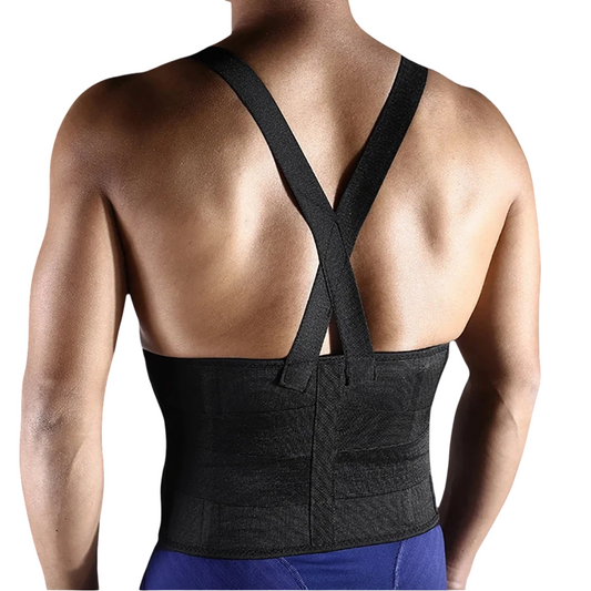 Lumbar support belt with shoulder straps