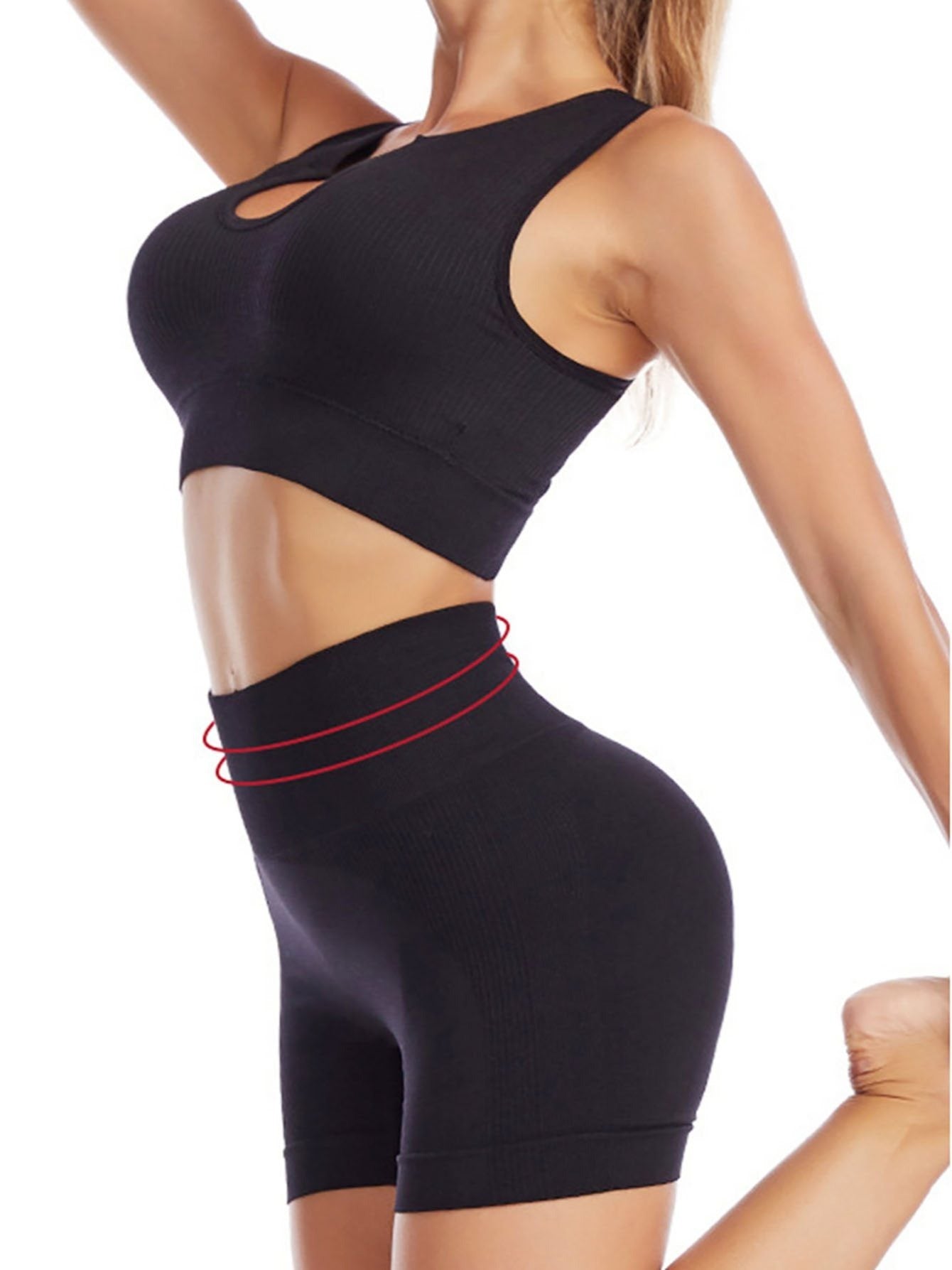 High-impact sports set with push-up bra and high-waist shorts