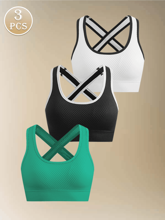 Pack de 3 sujetadores deportivos de alta intensidad para mujer, diseño push-up cruzado sin aros y con almohadillas extraíbles